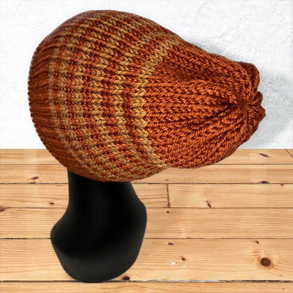 Handmade Knit Off-The-Yak Beanie Unisex Wool Yak Blend Deep Orange w/ Fawn Brown - Picture 7 of 10